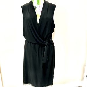 TAHARI LBD faux wrap with eyelash lace trim in stretch fabric